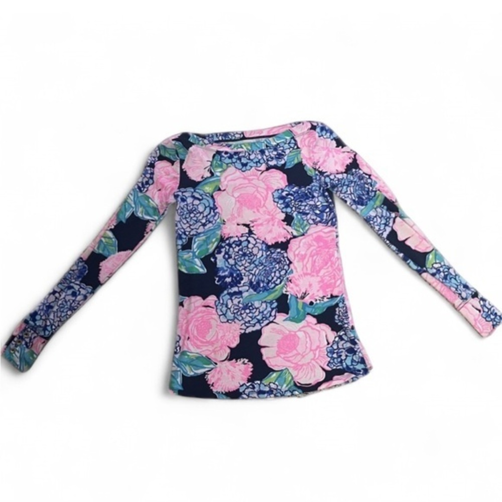 Lilly Pulitzer Aleah Top “Hey Hey Bouquet”, Size XXS. High Tide Navy. Pink/blue